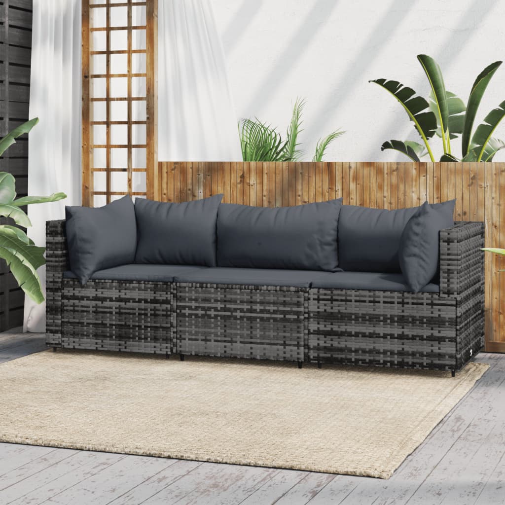 3-tlg. Garten-Lounge-Set mit Kissen Grau Poly Rattan 3-tlg. Garten-Lounge-Set mit Kissen Grau Poly Rattan