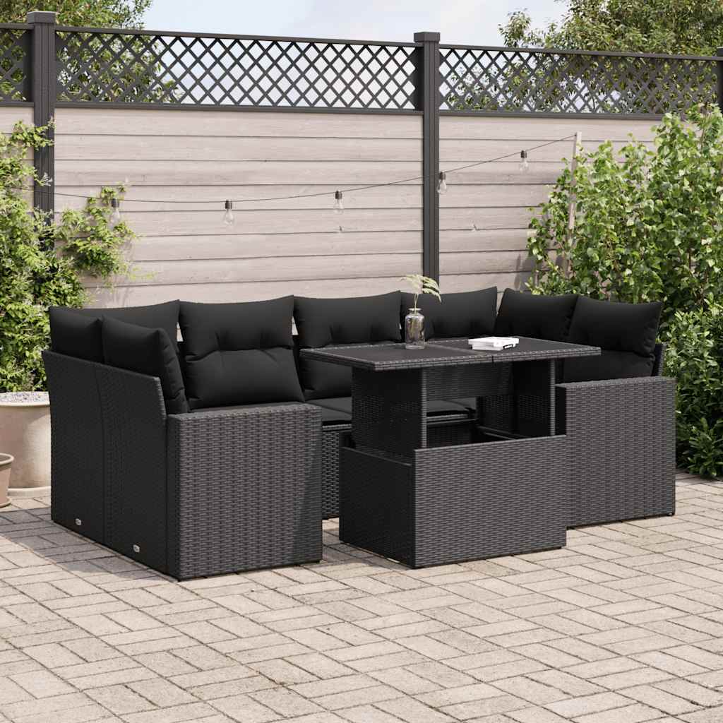 7-tlg. Garten-Sofagarnitur mit Kissen Schwarz Poly Rattan 7-tlg. Garten-Sofagarnitur mit Kissen Schwarz Poly Rattan