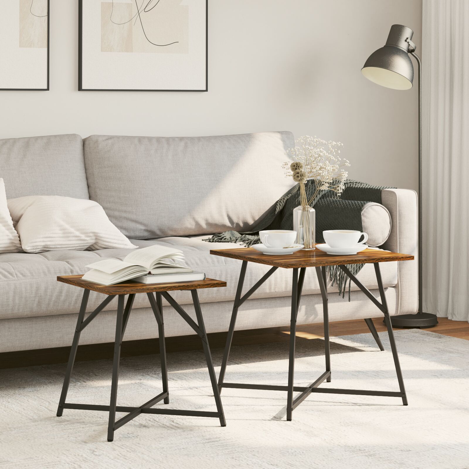 vidaXL Beistelltisch 2er-Set, Geräucherte Eiche, Holz und Metall