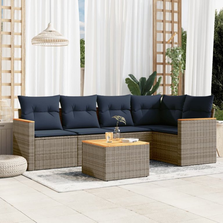 6-teiliges Gartensofa-Set mit Kissen, grau, Polyrattan 6-teiliges Gartensofa-Set mit Kissen, grau, Polyrattan