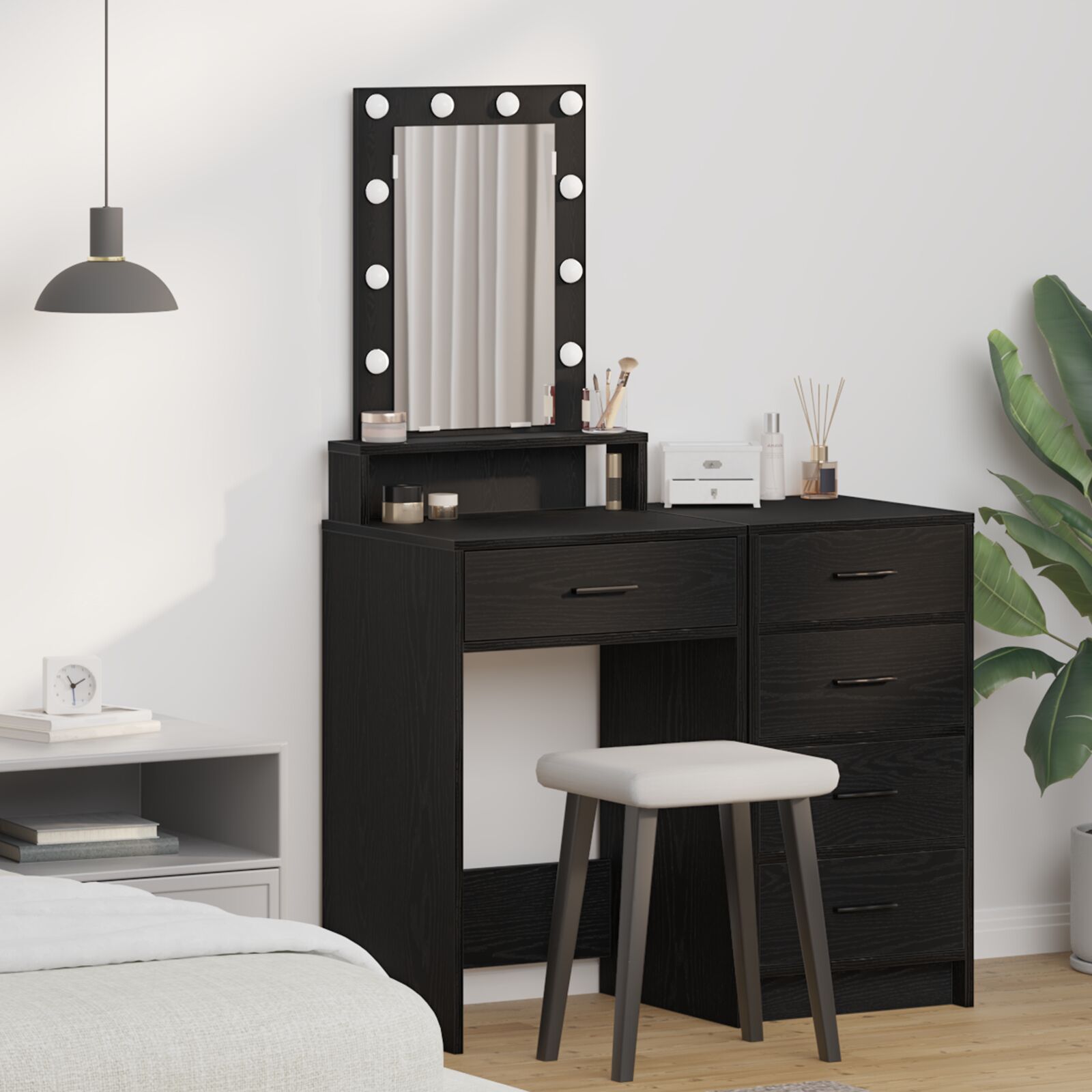 vidaXL Schminktisch mit LED-Lichtern in Schwarz und Eiche, 50x41x140 cm