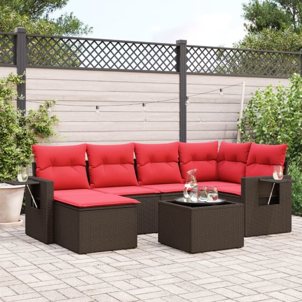 7-teiliges Gartensofa-Set mit Kissen, braun, Polyrattan 7-teiliges Gartensofa-Set mit Kissen, braun, Polyrattan