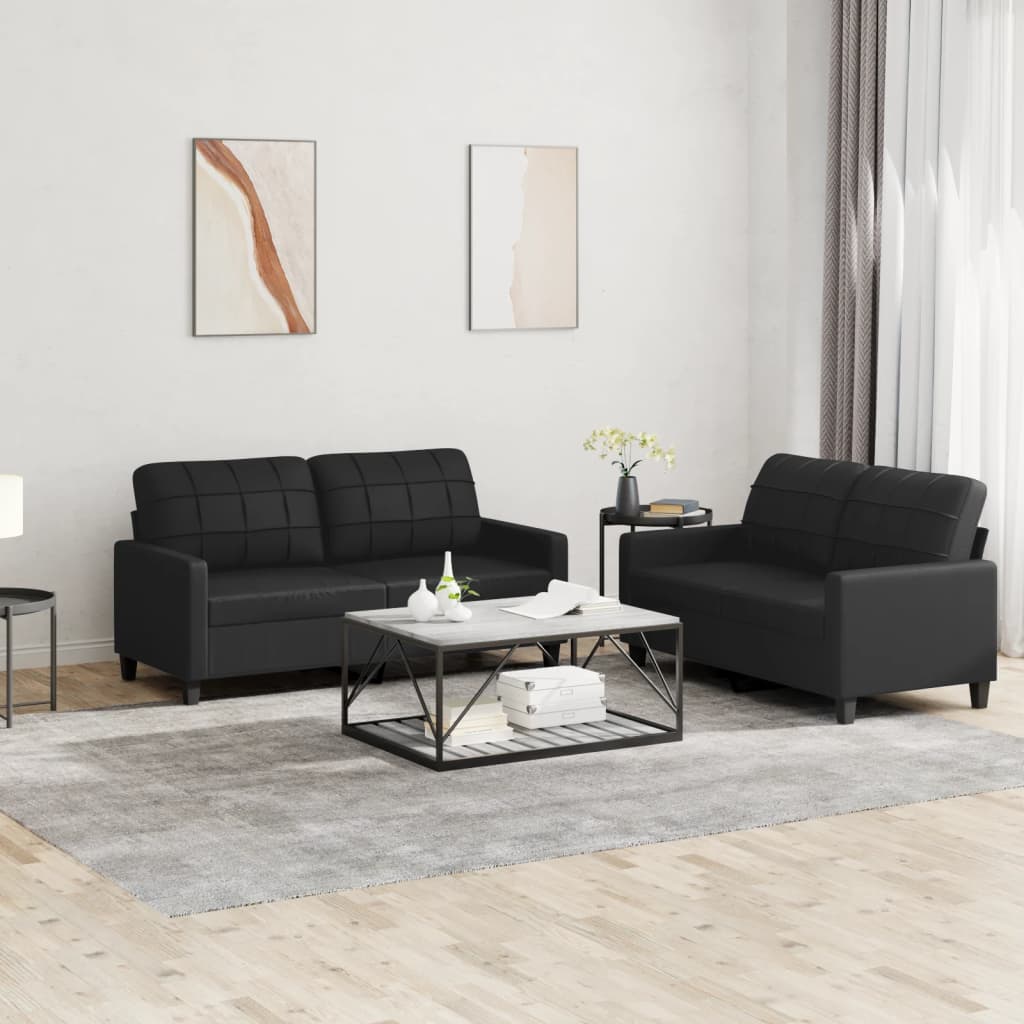 2-tlg. Sofagarnitur mit Kissen Schwarz Kunstleder 2-tlg. Sofagarnitur mit Kissen Schwarz Kunstleder