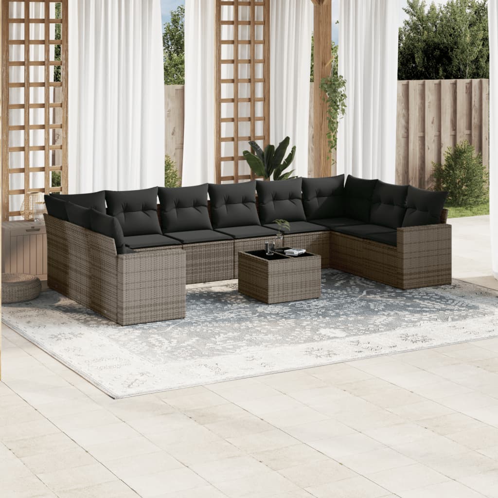 11-tlg. Garten-Sofagarnitur mit Kissen Grau Poly Rattan 11-tlg. Garten-Sofagarnitur mit Kissen Grau Poly Rattan