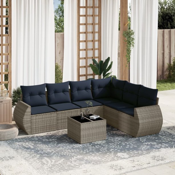 7-teiliges Gartensofa-Set mit Kissen, grau, Polyrattan 7-teiliges Gartensofa-Set mit Kissen, grau, Polyrattan