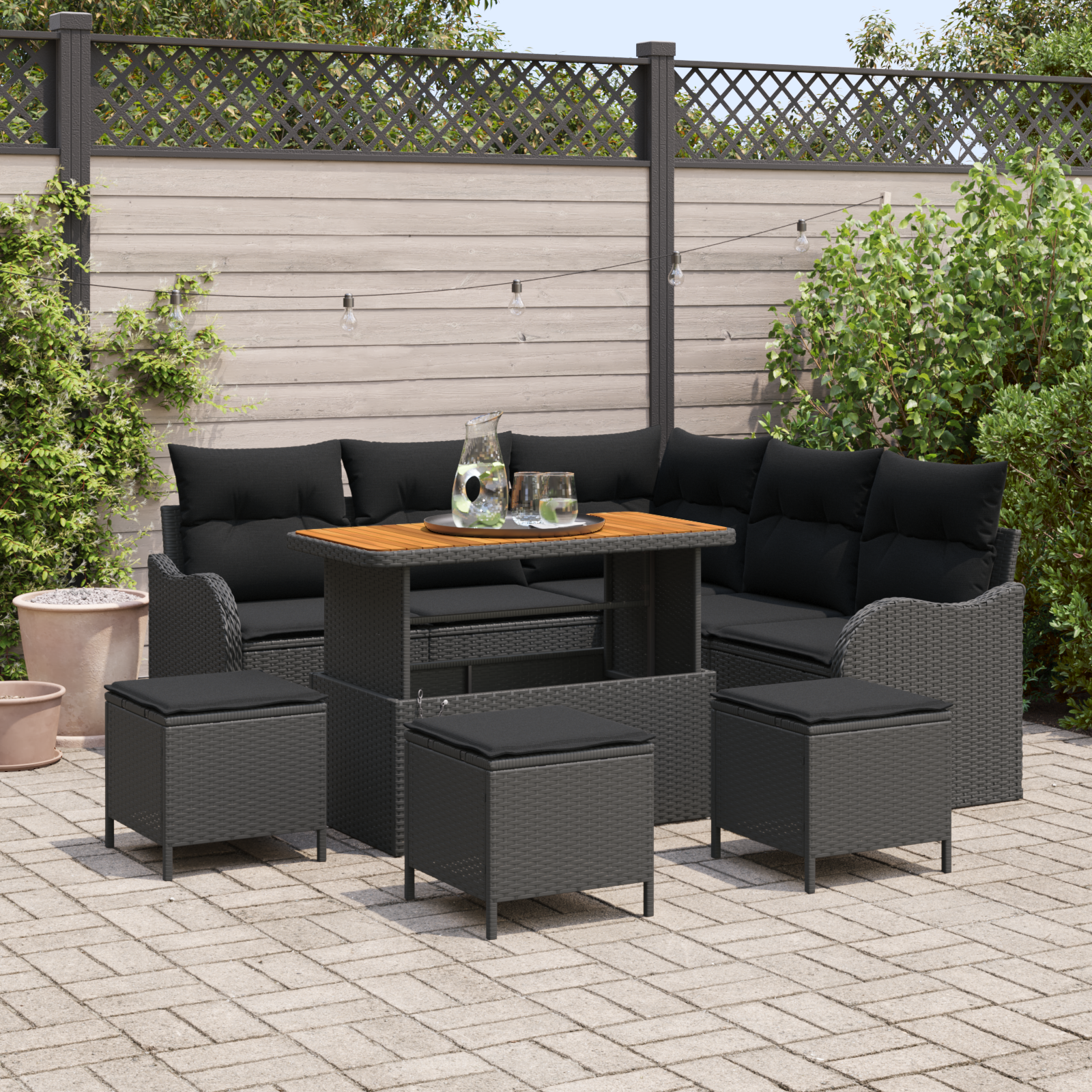 9-teiliges Garten-Sofa-Set mit Kissen Schwarz Poly Rattan Akazie