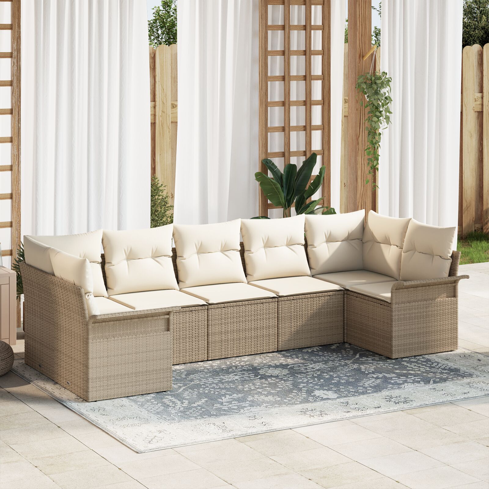 7-teiliges Garten-Sofaset mit Kissen Beige Poly-Rattan 7-teiliges Garten-Sofaset mit Kissen Beige Poly-Rattan