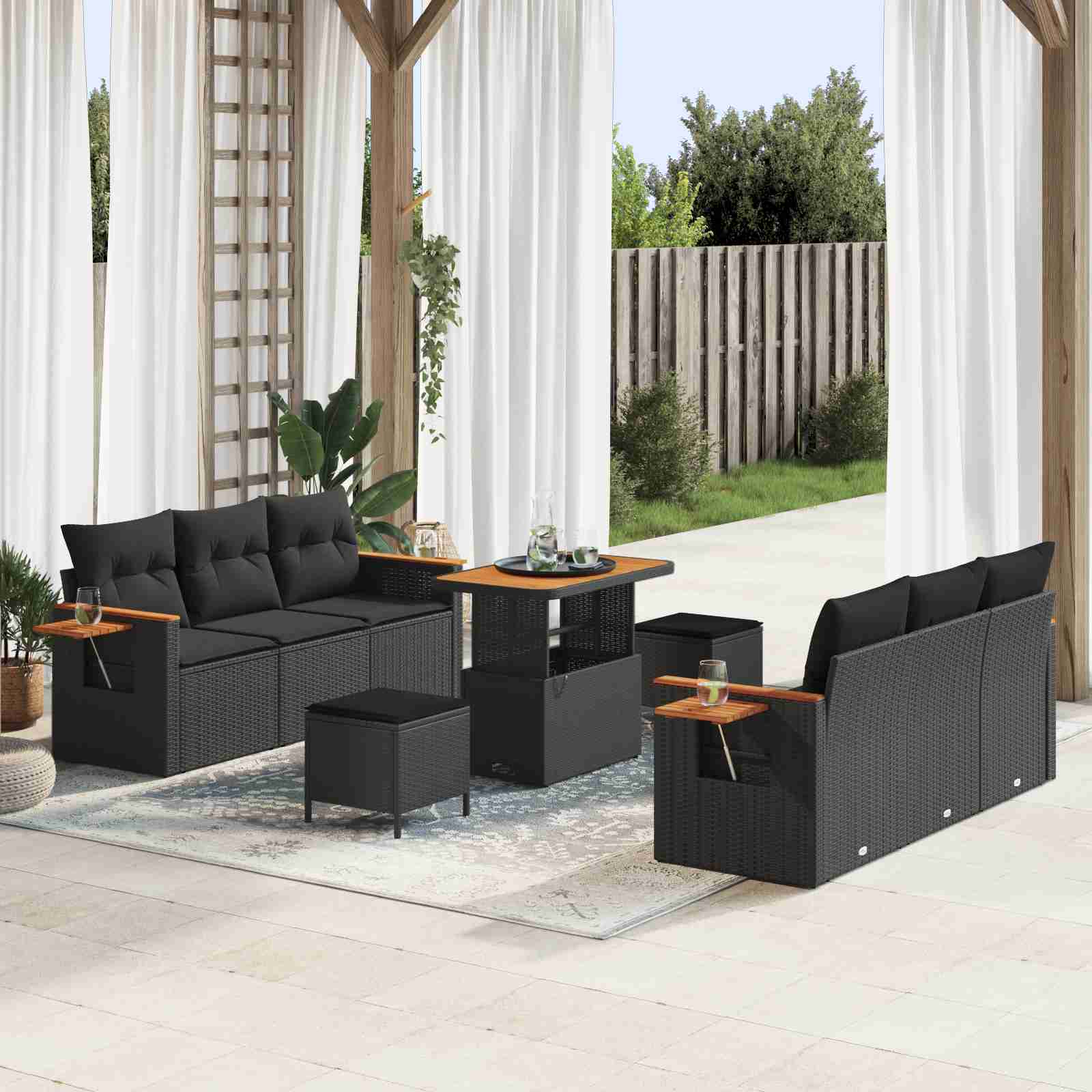 9-teiliges Garten-Sofa-Set mit Kissen in Schwarz aus Poly-Rattan und Akazienholz