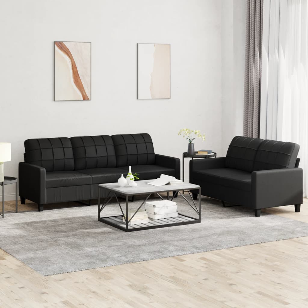 2-tlg. Sofagarnitur mit Kissen Schwarz Kunstleder 2-tlg. Sofagarnitur mit Kissen Schwarz Kunstleder