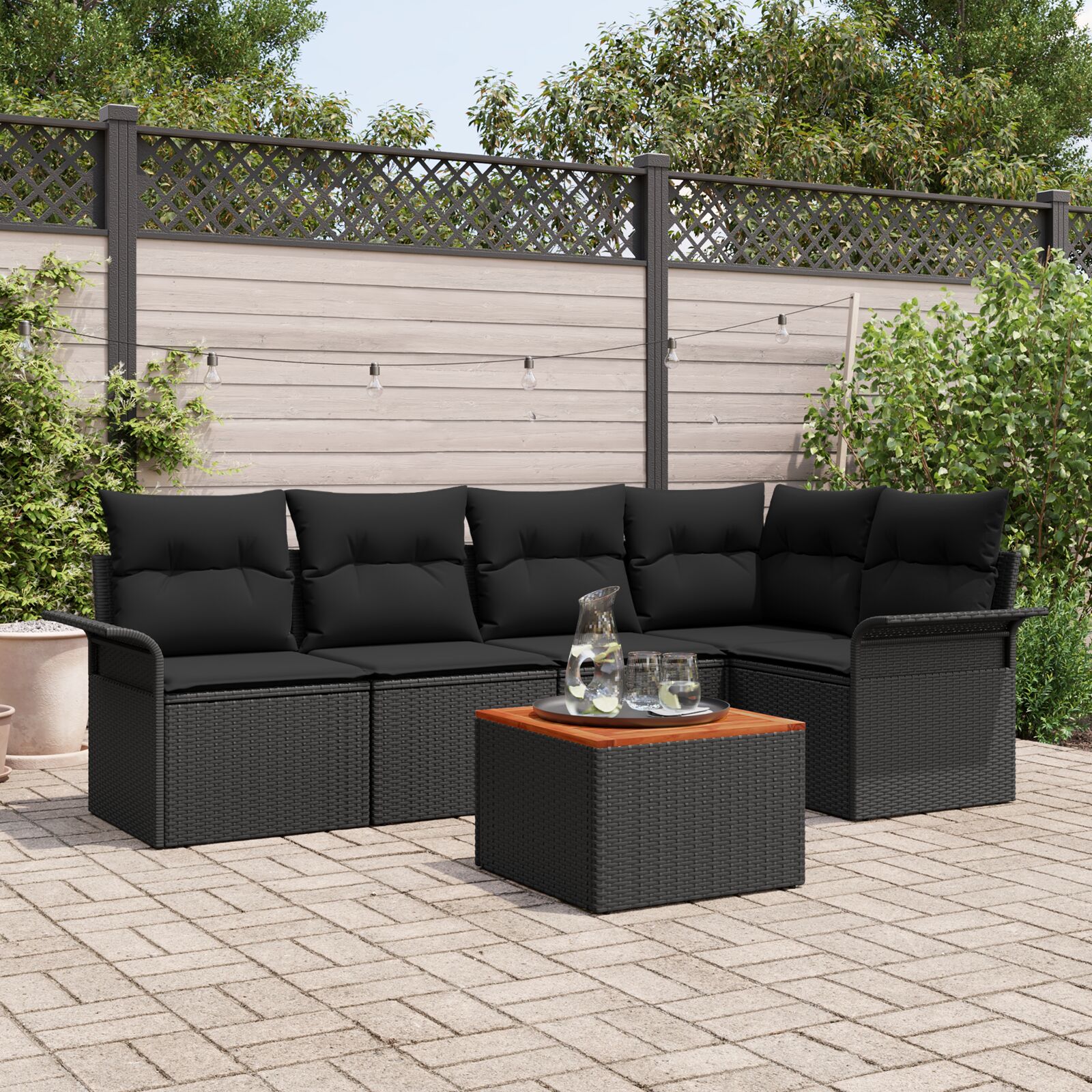 6-teiliges Garten-Sofa-Set mit Kissen Schwarz Poly Rattan Akazie 6-teiliges Garten-Sofa-Set mit Kissen Schwarz Poly Rattan Akazie