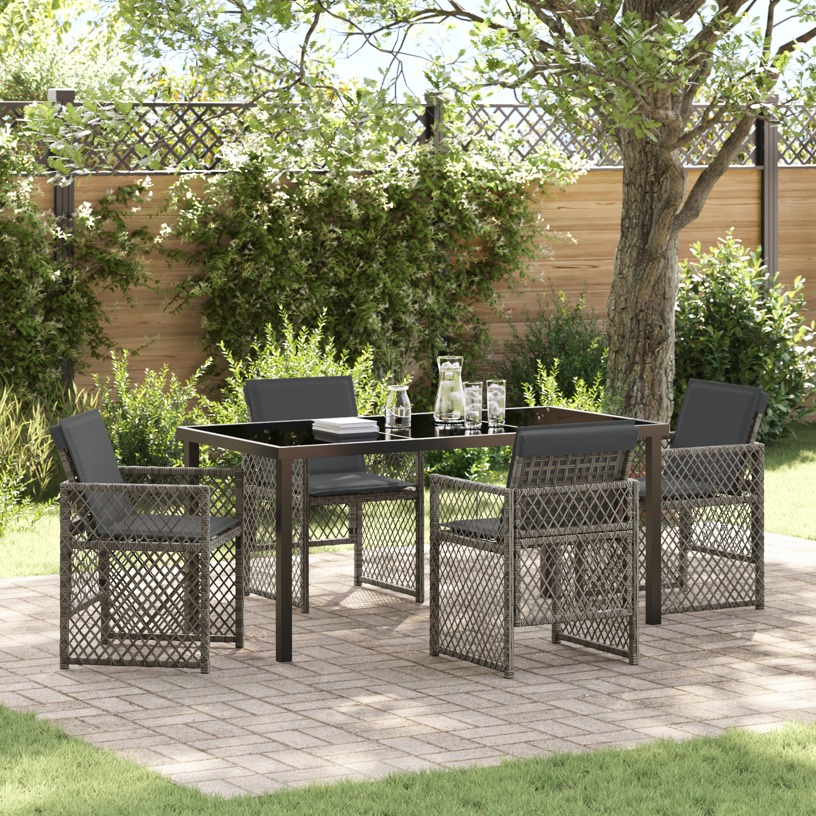 5-teiliges Garten Essset mit Kissen Grau Poly Rattan