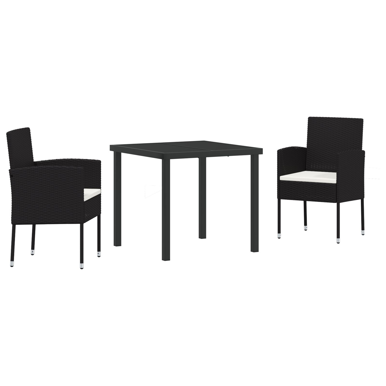 3-teiliges Garten-Ess-Set mit Kissen - Schwarzes Poly-Rattan