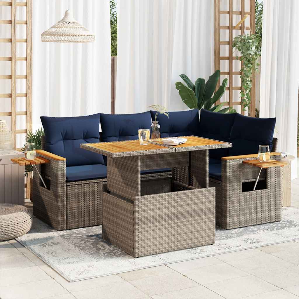 5-tlg. Garten-Sofagarnitur mit Kissen Grau Poly Rattan Akazie 5-tlg. Garten-Sofagarnitur mit Kissen Grau Poly Rattan Akazie