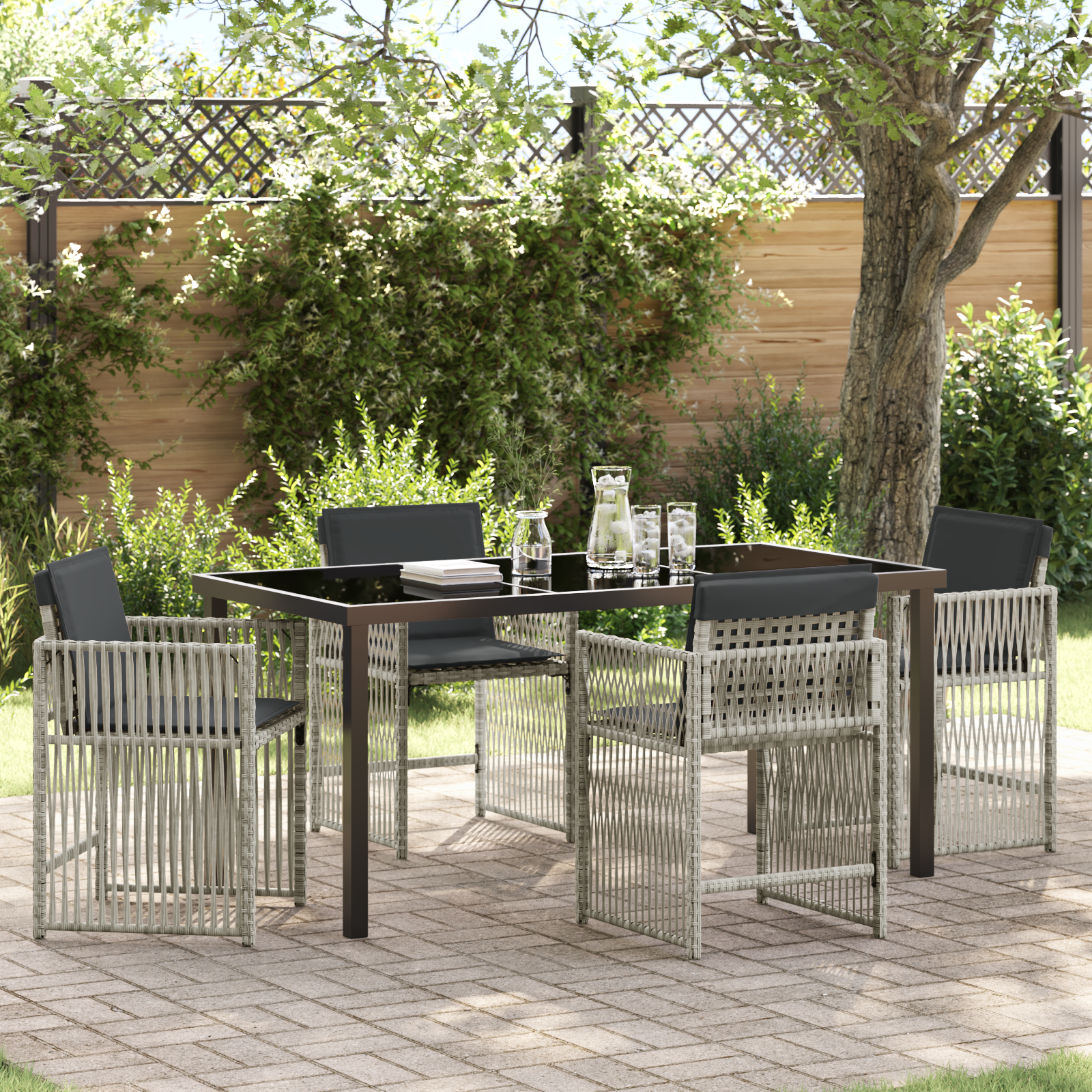 5-teilige Garten Essgruppe mit Kissen Hellgrau Poly Rattan