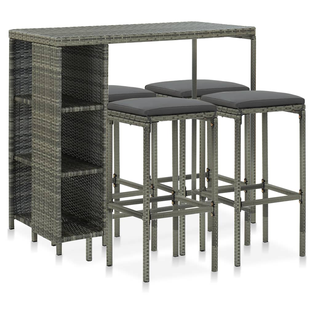 5-tlg. Gartenbar-Set mit Kissen Poly Rattan Grau 5-tlg. Gartenbar-Set mit Kissen Poly Rattan Grau