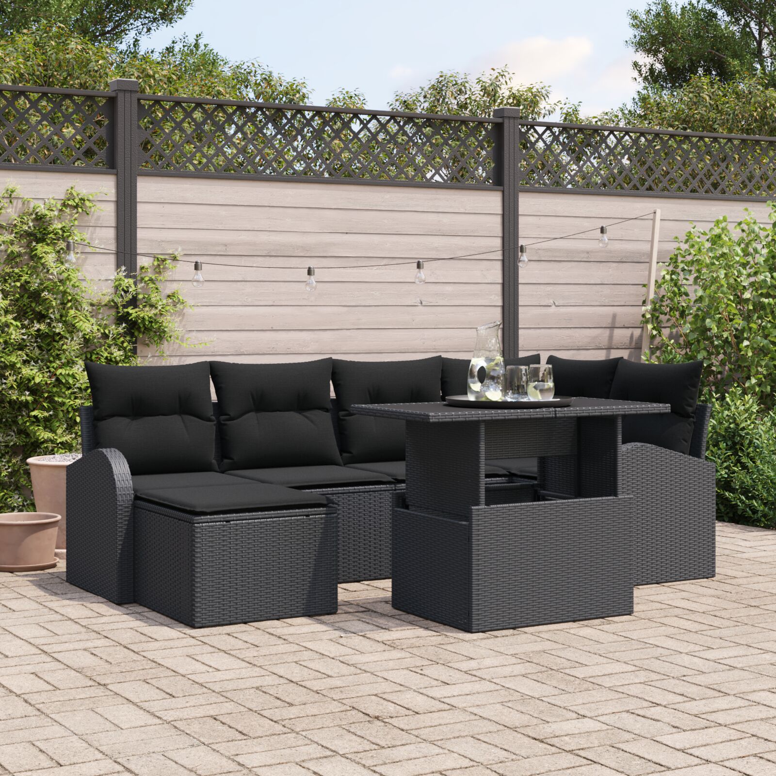 7-teiliges Garten-Sofa-Set mit Kissen in Schwarz aus Poly-Rattan