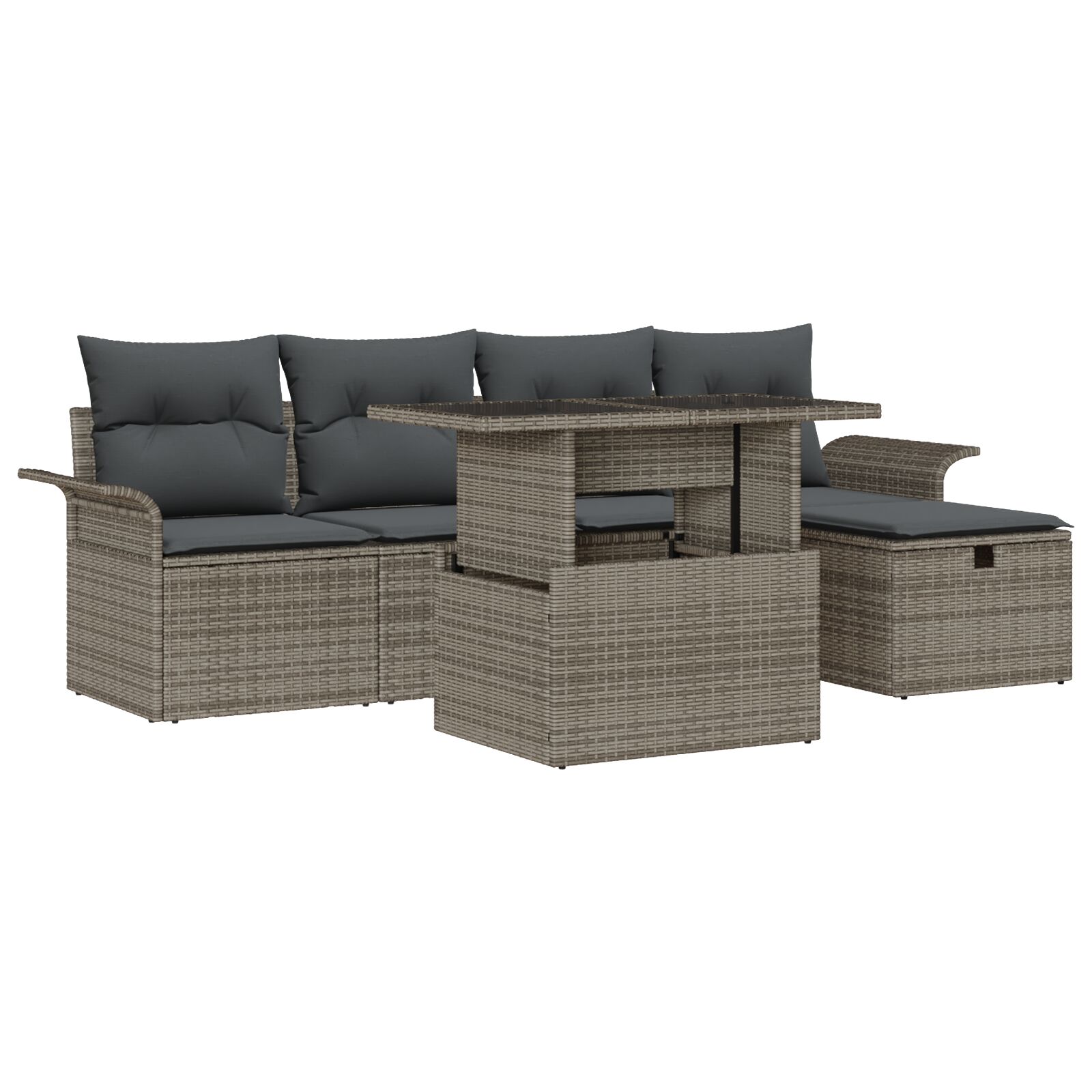 6-teiliges Garten Sofa Set mit Kissen Grau Poly Rattan, 2-Sitzer Garten Sofa mit Stauraum & Kissen Grau Poly Rattan