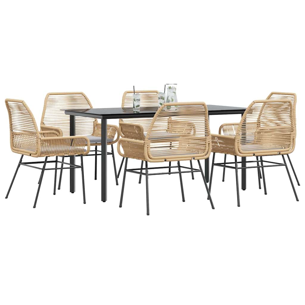 vidaXL 7-tlg. Garten-Essgruppe mit Kissen Braun Poly Rattan Glas