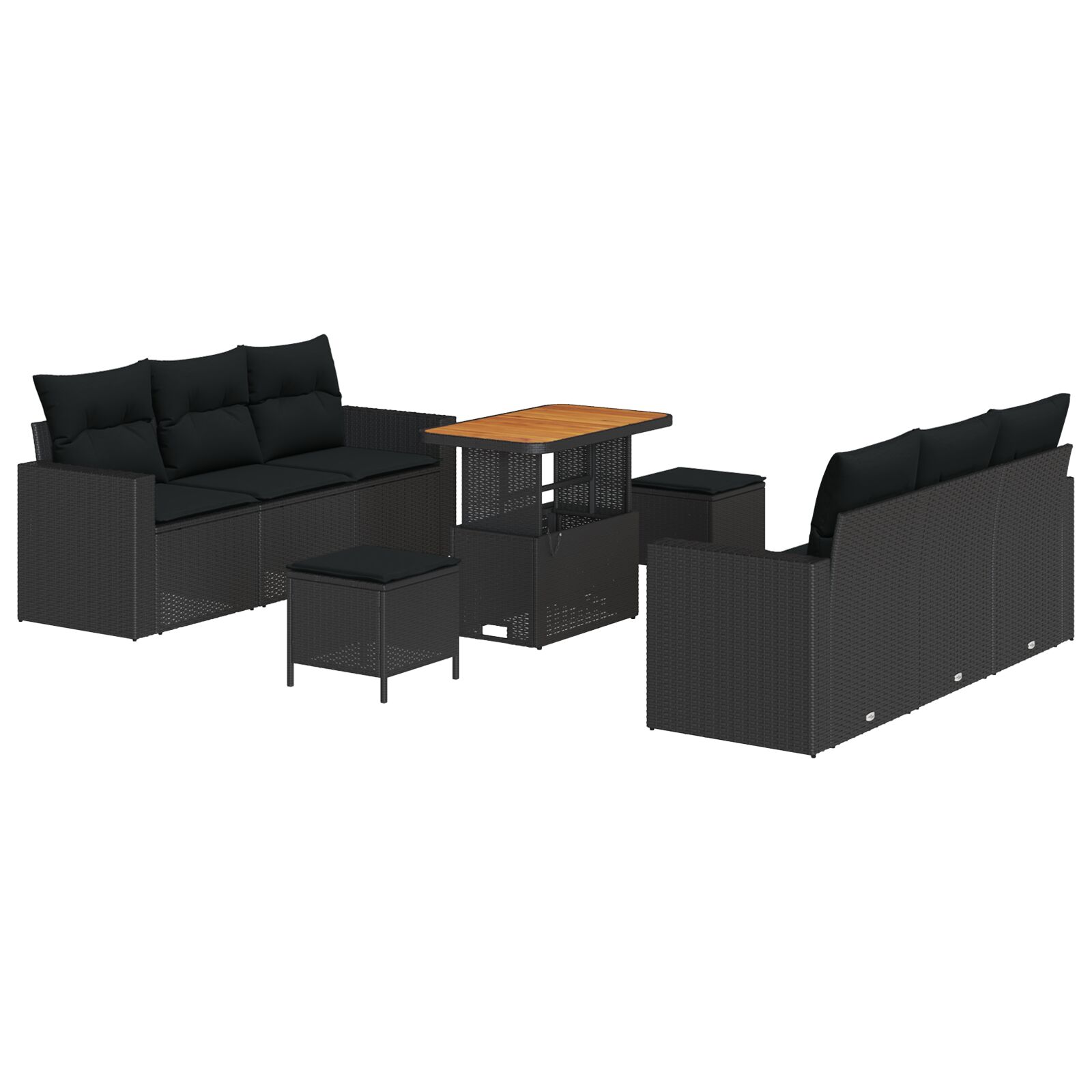 9-teiliges Garten Sofaset mit Kissen Schwarz Poly Rattan Akazie, 3-teiliges Garten Esstisch Set mit Kissen Schwarz Poly Rattan Akazie