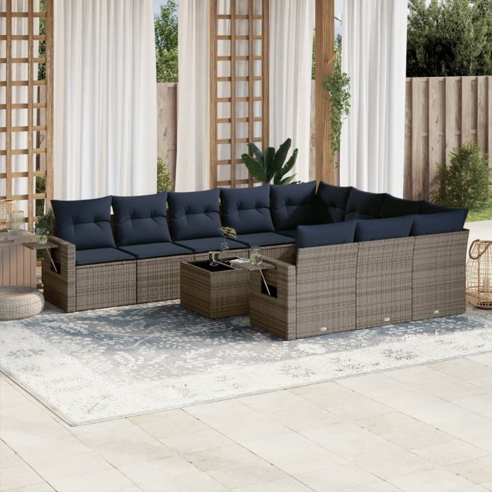 11-teiliges Gartensofa-Set mit Kissen, grau, Polyrattan 11-teiliges Gartensofa-Set mit Kissen, grau, Polyrattan