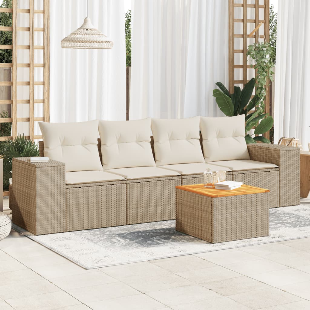 5-tlg. Garten-Sofagarnitur mit Kissen Beige Poly Rattan 5-tlg. Garten-Sofagarnitur mit Kissen Beige Poly Rattan