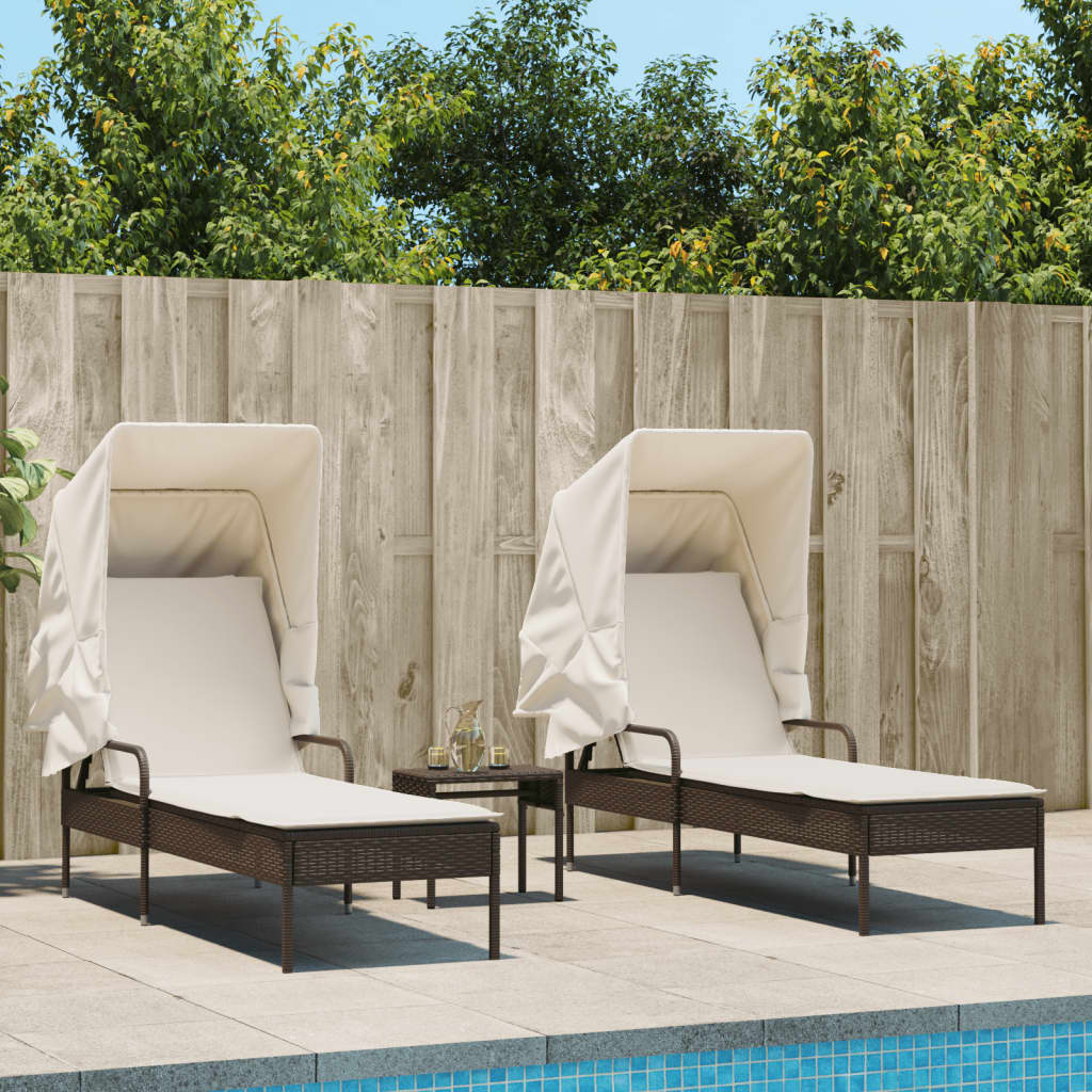 Sonnenliegen 2 Stk. mit Dach und Tisch Braun Poly Rattan Sonnenliegen 2 Stk. mit Dach und Tisch Braun Poly Rattan