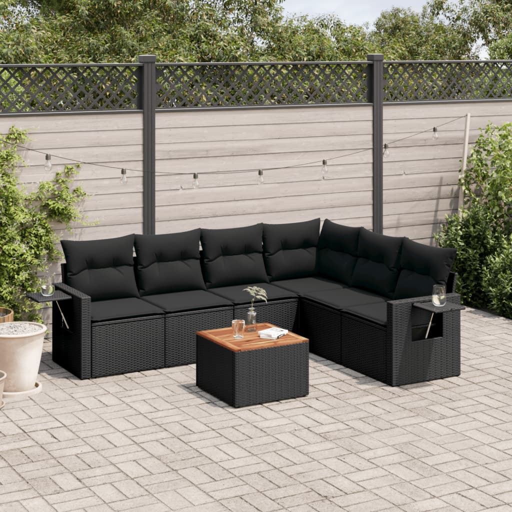 7-tlg. Garten-Sofagarnitur mit Kissen Schwarz Poly Rattan 7-tlg. Garten-Sofagarnitur mit Kissen Schwarz Poly Rattan