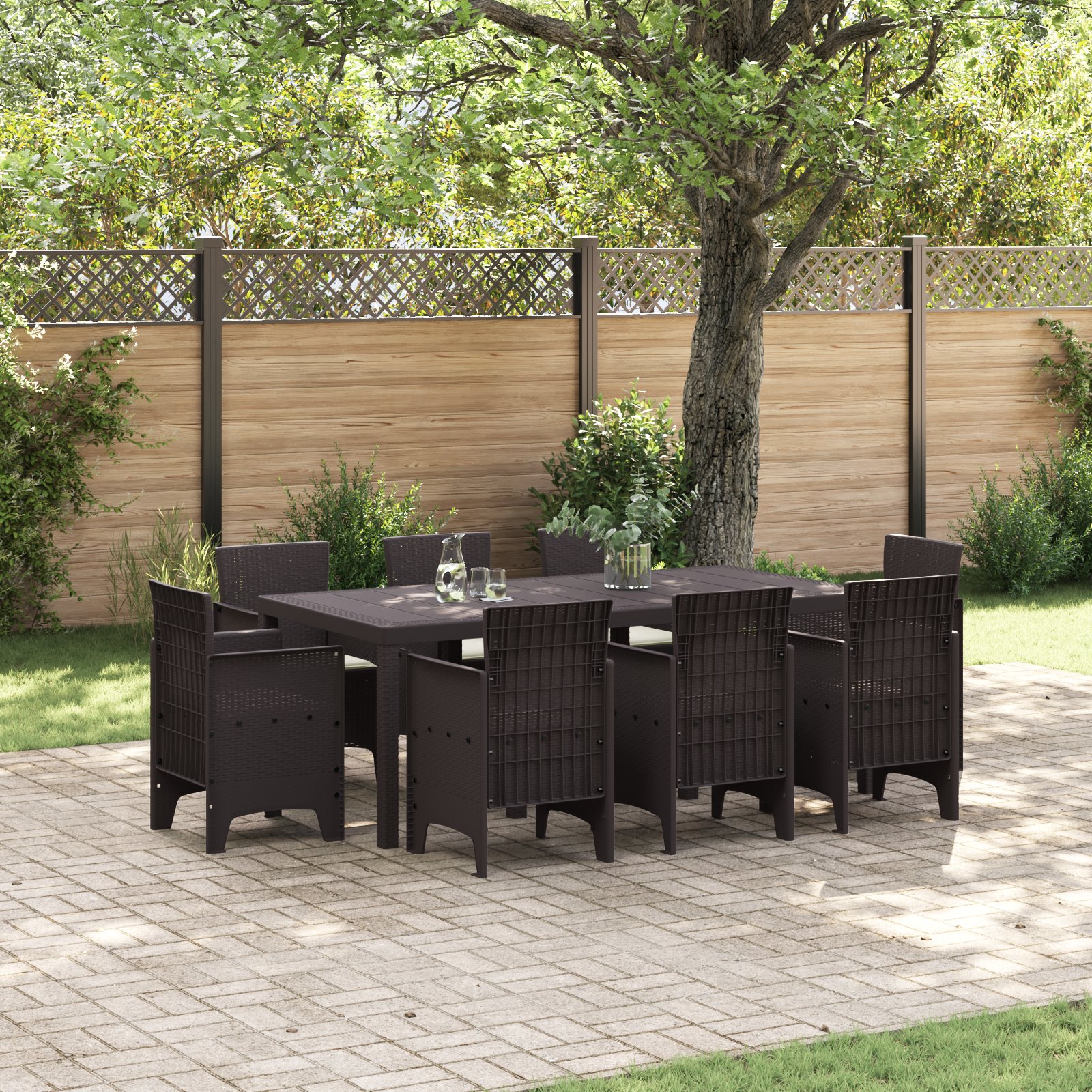9-teiliges Garten Essset mit Kissen Braun Poly Rattan