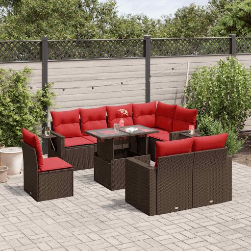 9-teiliges Gartensofa-Set mit Kissen, braun, Polyrattan 9-teiliges Gartensofa-Set mit Kissen, braun, Polyrattan