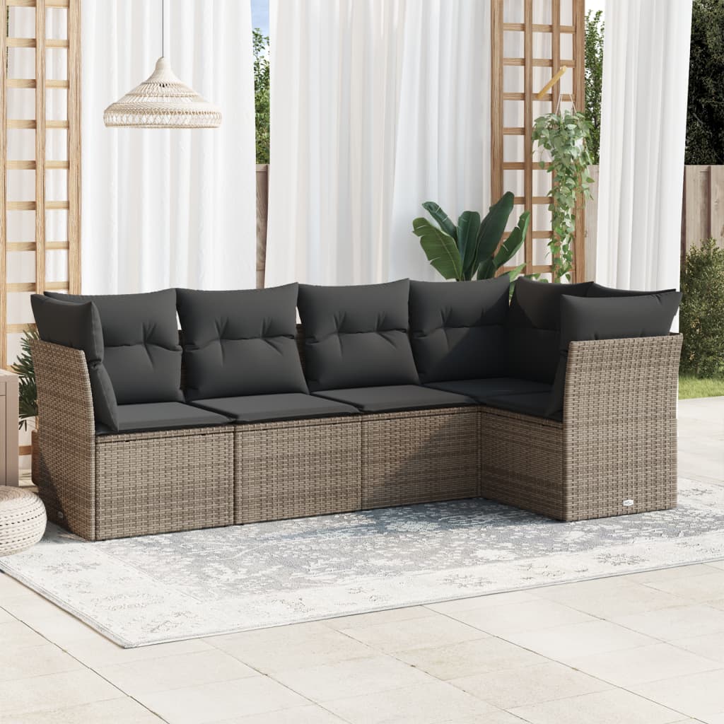 5-tlg. Garten-Sofagarnitur mit Kissen Grau Poly Rattan 5-tlg. Garten-Sofagarnitur mit Kissen Grau Poly Rattan