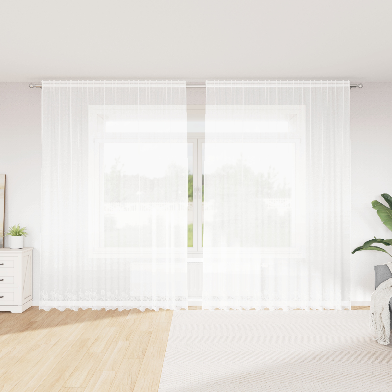 Spitzenvorhang mit Vorhängen Floral Weiß 300 x 300 cm Polyester