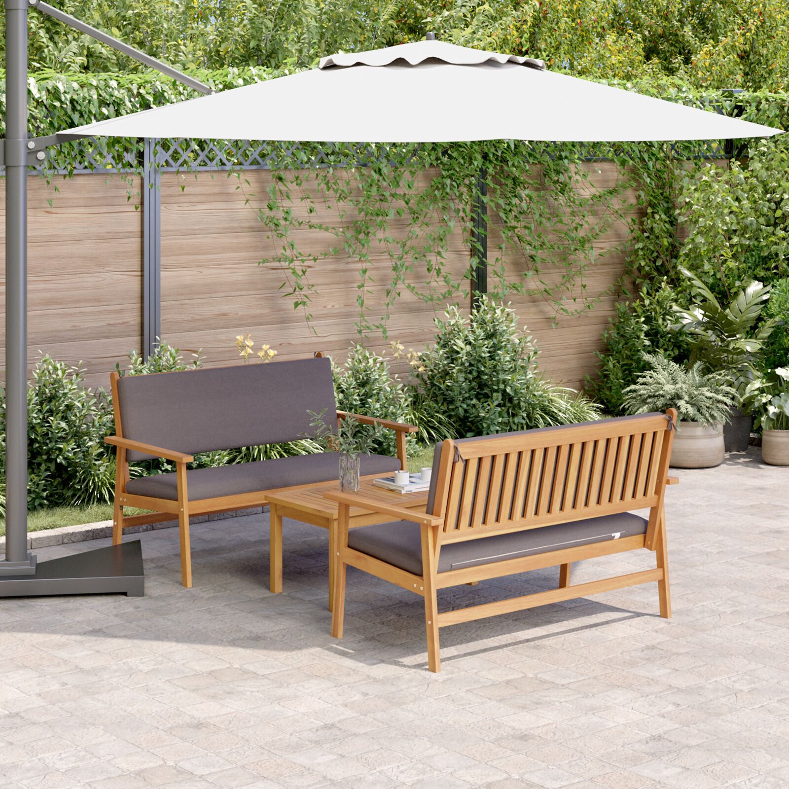 vidaXL 3-teiliges Garten-Sofaset mit Kissen aus massivem Akazienholz vidaXL 3-teiliges Garten-Sofaset mit Kissen aus massivem Akazienholz