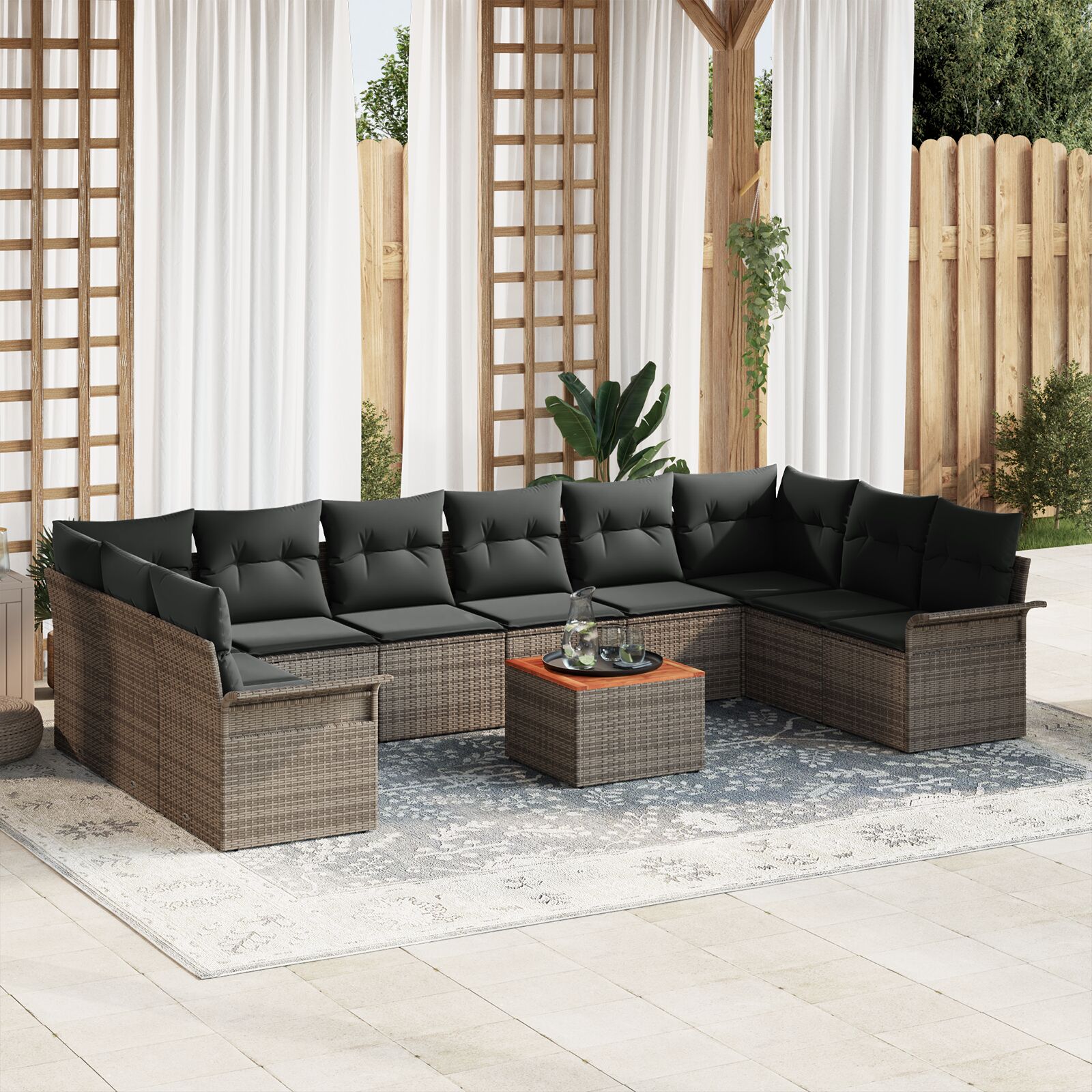11-teiliges Garten-Sofa-Set mit Kissen Grau Poly Rattan Akazie 11-teiliges Garten-Sofa-Set mit Kissen Grau Poly Rattan Akazie
