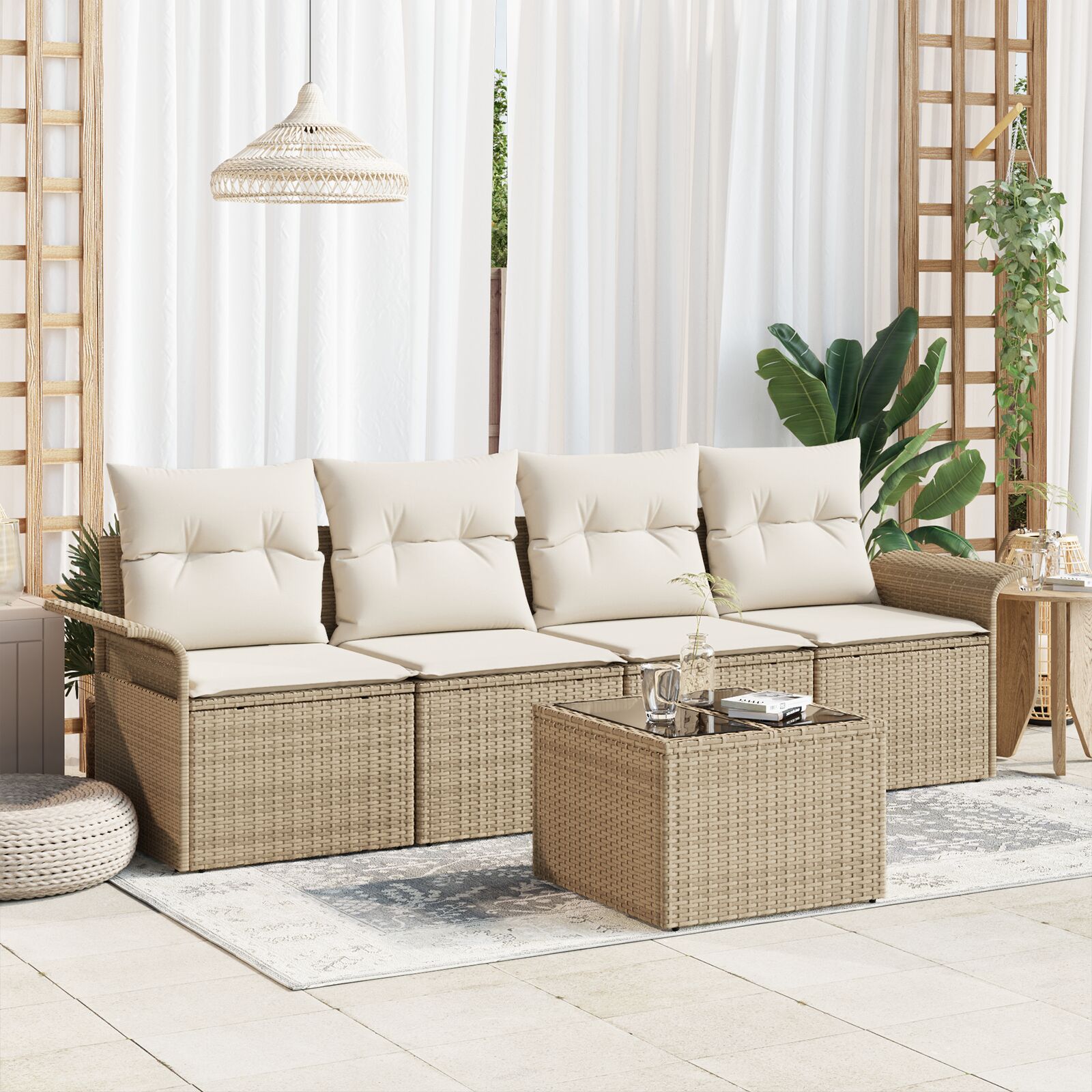 5-teiliges Garten Sofa Set mit Kissen Beige Poly Rattan