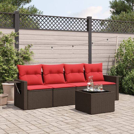 5-teiliges Gartensofa-Set mit Kissen, braun, Polyrattan