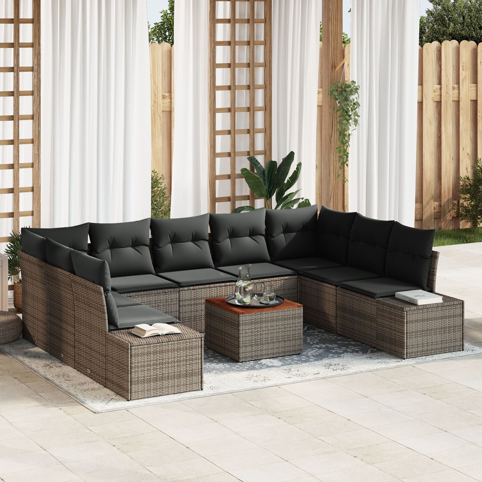 10-teiliges Garten-Sofa-Set mit Kissen Grau Poly Rattan Akazie