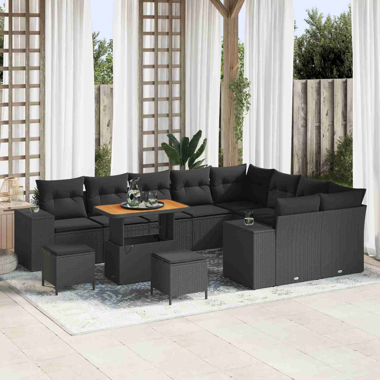 12-teiliges Garten-Sofa-Set mit Kissen Schwarz Poly Rattan Akazie 12-teiliges Garten-Sofa-Set mit Kissen Schwarz Poly Rattan Akazie