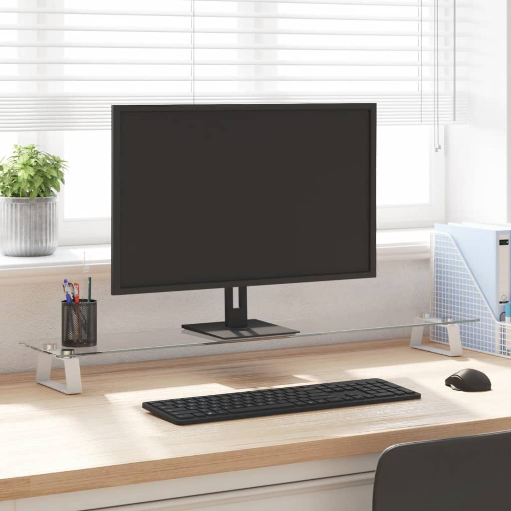 Monitorständer Weiß 100x20x8 cm Hartglas und Metall Monitorständer Weiß 100x20x8 cm Hartglas und Metall