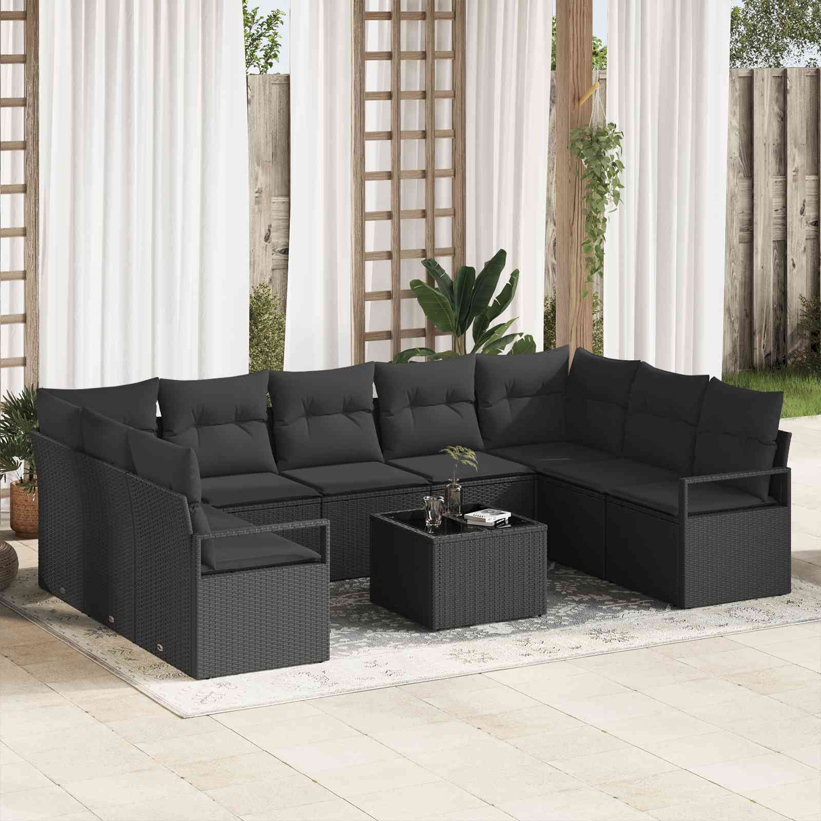 10-teiliges Garten Sofa Set mit Kissen Beige Poly Rattan