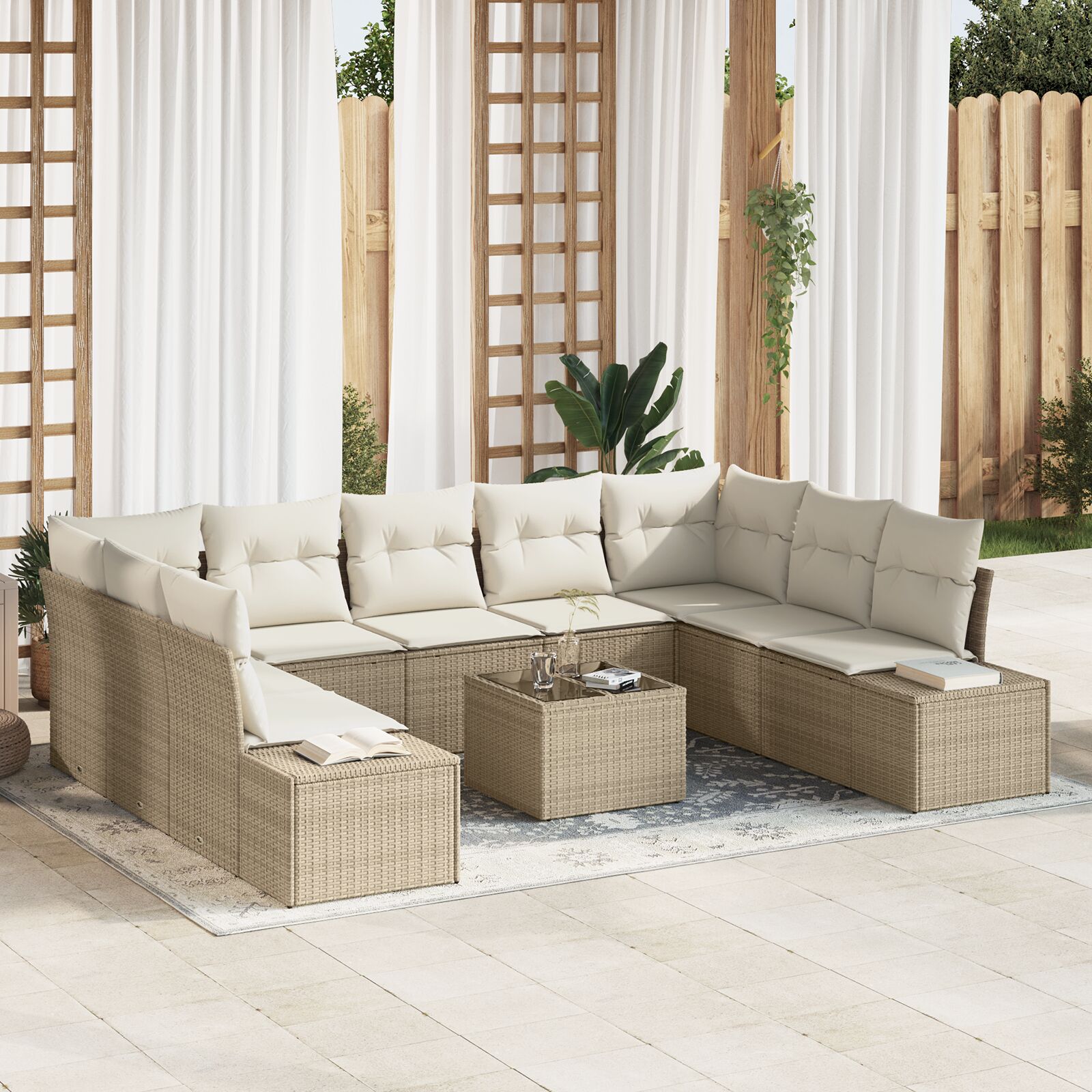 vidaXL Garten Sofa Set 10-teilig Beige und Creme Rattan, Stoff