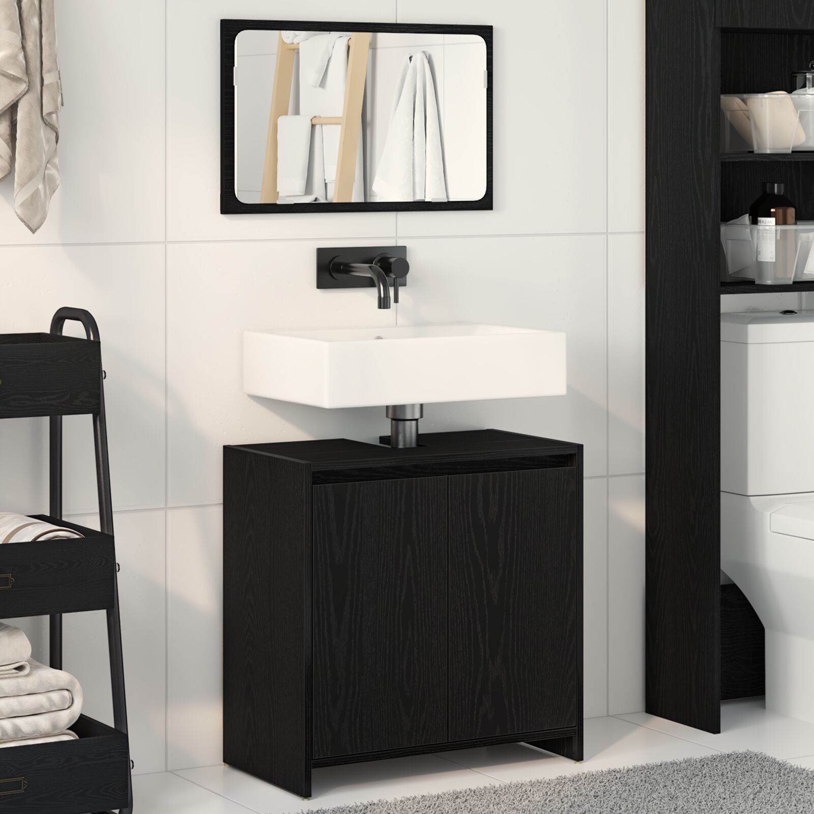 vidaXL Badschrank mit Spiegel in Schwarz und Eiche 60x33x61 cm, aus Holzwerkstoff