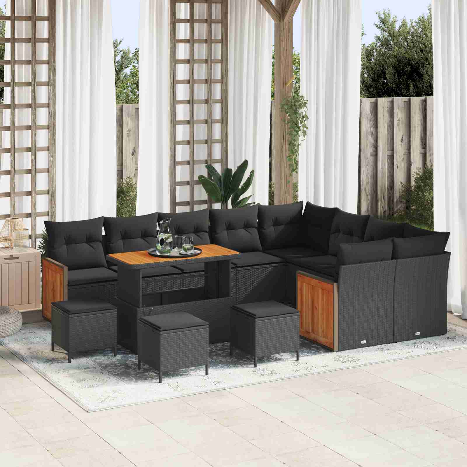 13-teiliges Garten Sofa Set mit Kissen Schwarz Poly-Rattan Akazie 13-teiliges Garten Sofa Set mit Kissen Schwarz Poly-Rattan Akazie