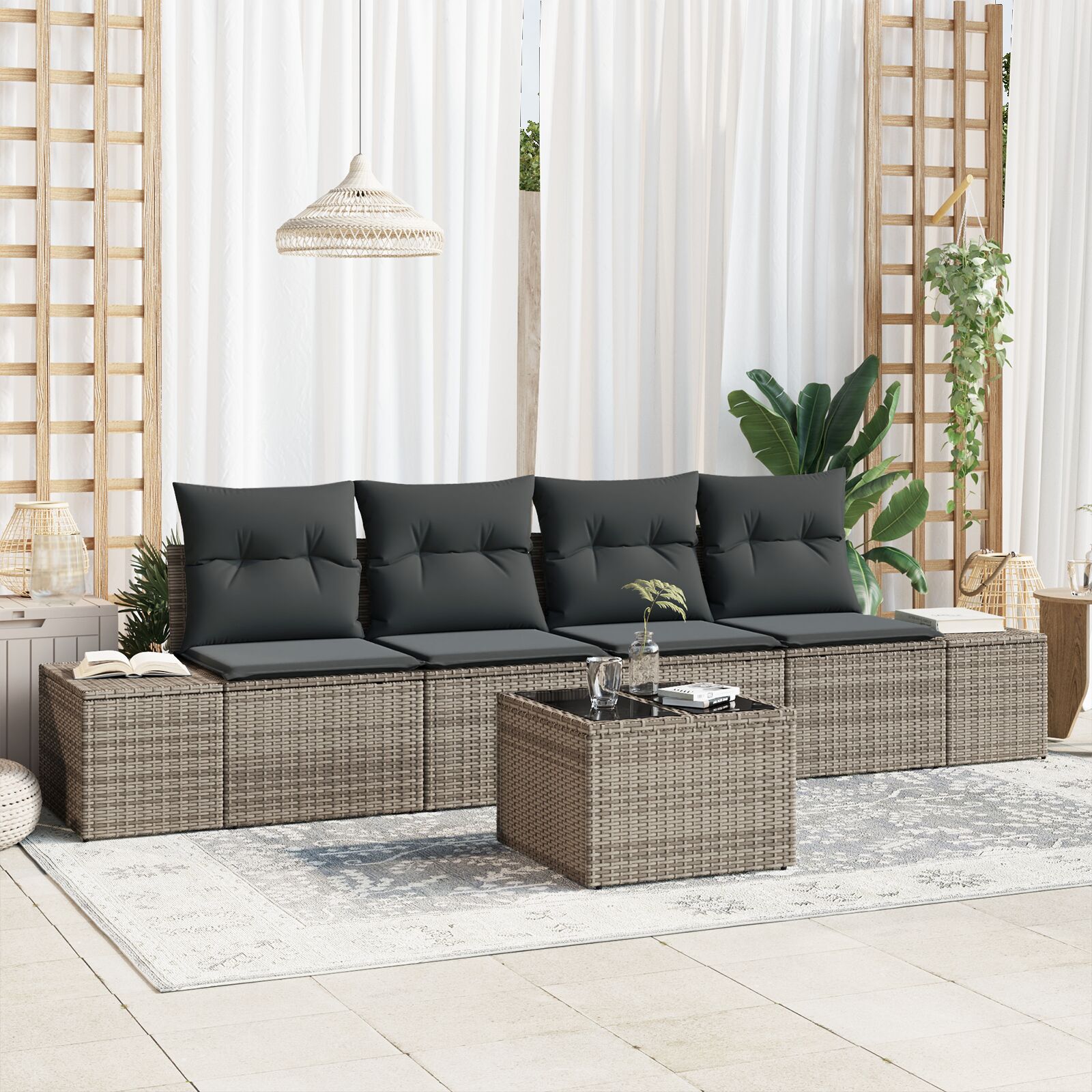 5-teiliges Garten Sofa Set mit Kissen Grau Poly-Rattan