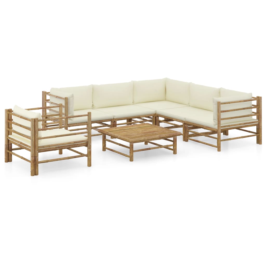 7-tlg. Garten-Lounge-Set mit Cremeweißen Kissen Bambus 7-tlg. Garten-Lounge-Set mit Cremeweißen Kissen Bambus