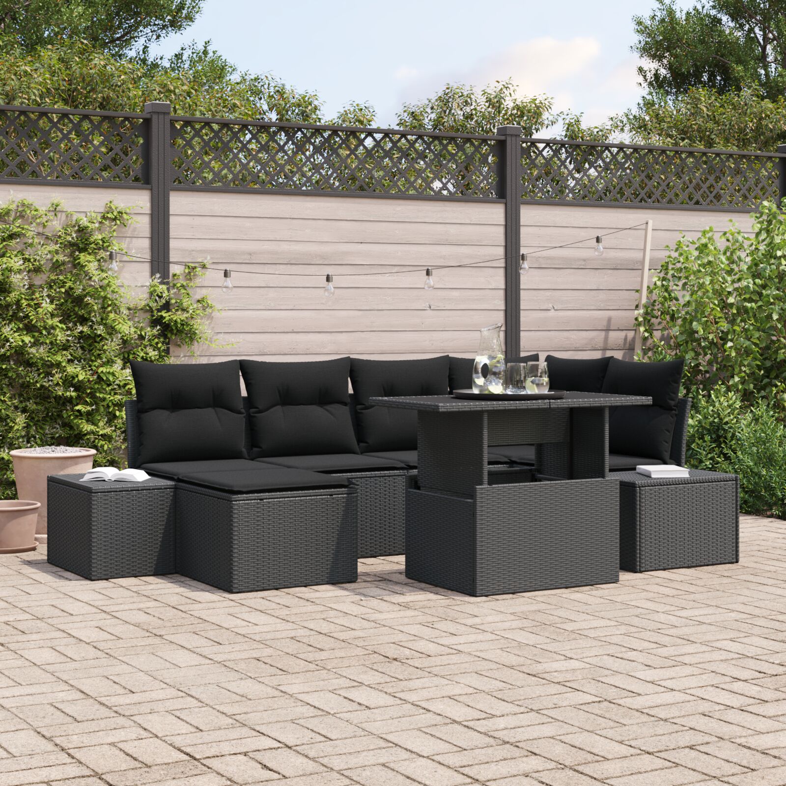 vidaXL Garten Sofa Set 7-teilig Schwarz Rattan, Polyester Garten Ecksofa