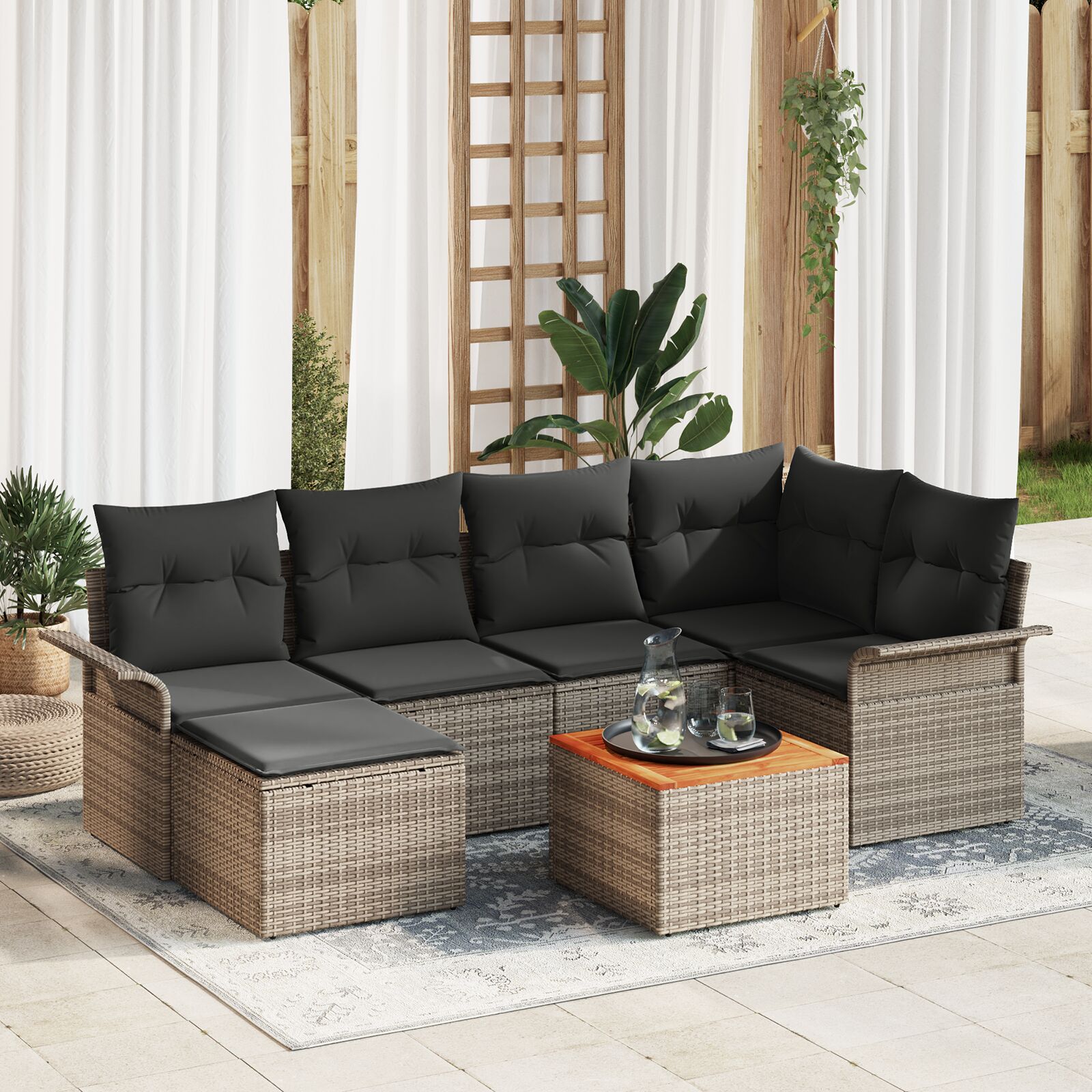 7-teiliges Garten-Sofa-Set mit Kissen Grau Poly-Rattan Akazie