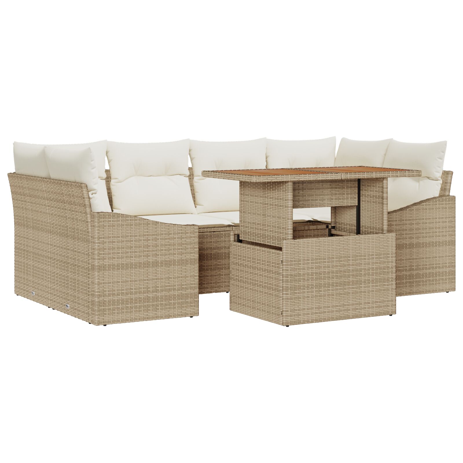 7-teiliges Garten-Esszimmer-Set mit Kissen Beige Poly Rattan Akazie 7-teiliges Garten-Esszimmer-Set mit Kissen Beige Poly Rattan Akazie