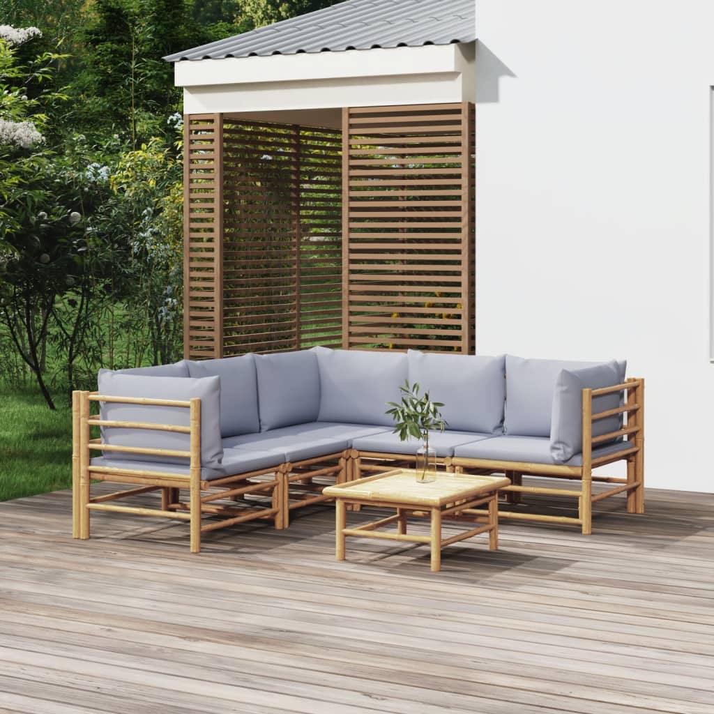 6-tlg. Garten-Lounge-Set mit Kissen Hellgrau Bambus 6-tlg. Garten-Lounge-Set mit Kissen Hellgrau Bambus