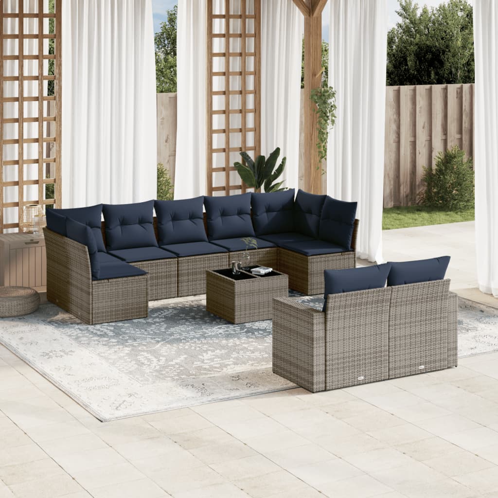 10-tlg. Garten-Sofagarnitur mit Kissen Grau Poly Rattan 10-tlg. Garten-Sofagarnitur mit Kissen Grau Poly Rattan