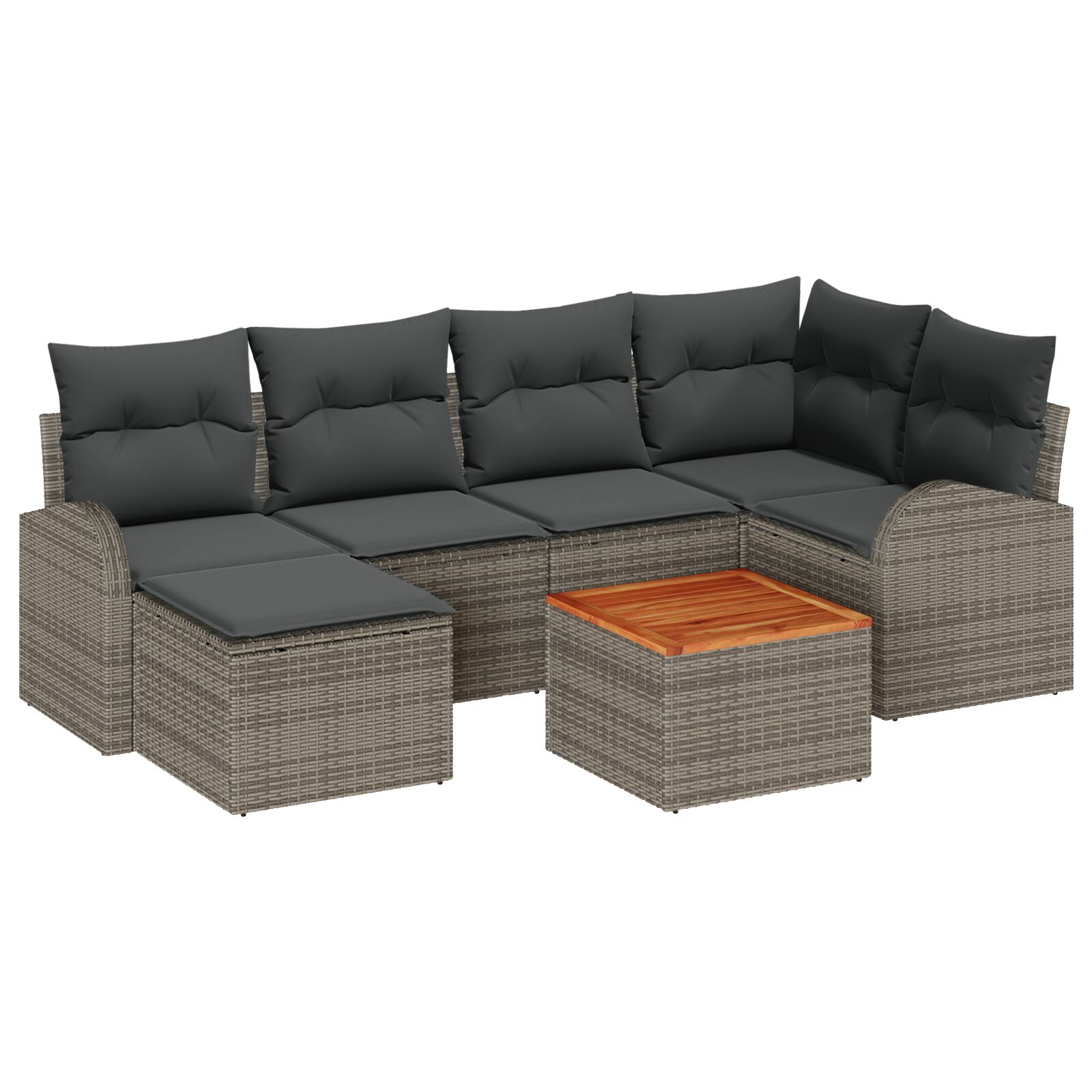 7-teiliges Garten Sofa Set mit Kissen Grau Poly Rattan Akazie, 2-Sitzer Garten Sofa mit Stauraum & Kissen Grau Poly Rattan